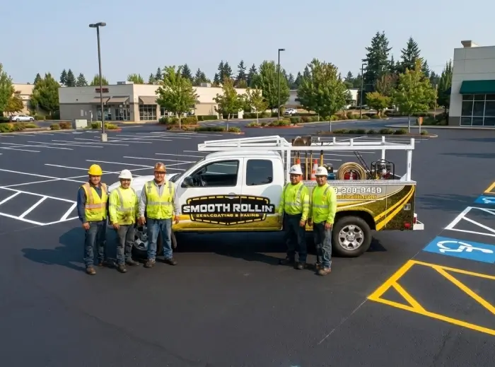 The Smooth Rollin' Sealcoating And Paving team standing in front of company truck