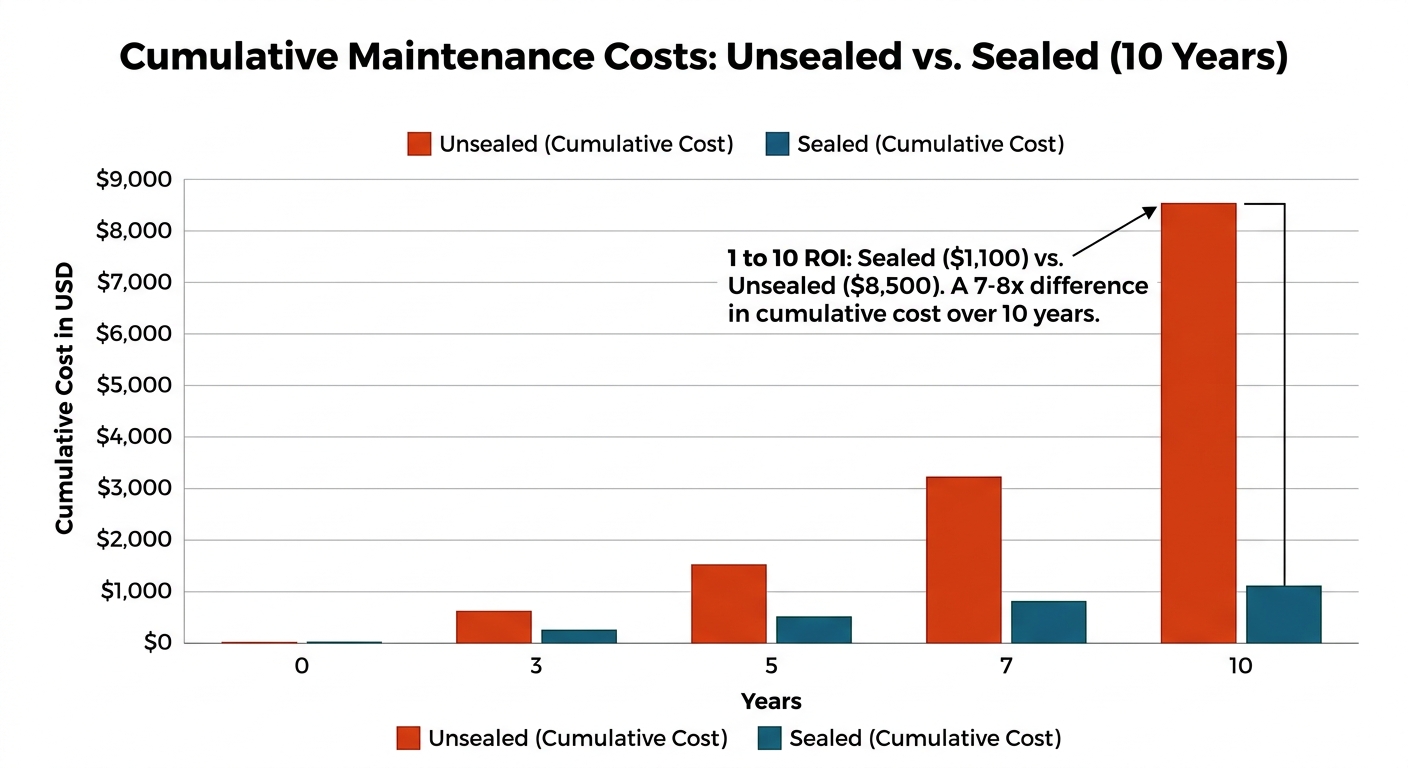 Cumulative Maintenance Costs: Unsealed vs. Sealed (10 Years)