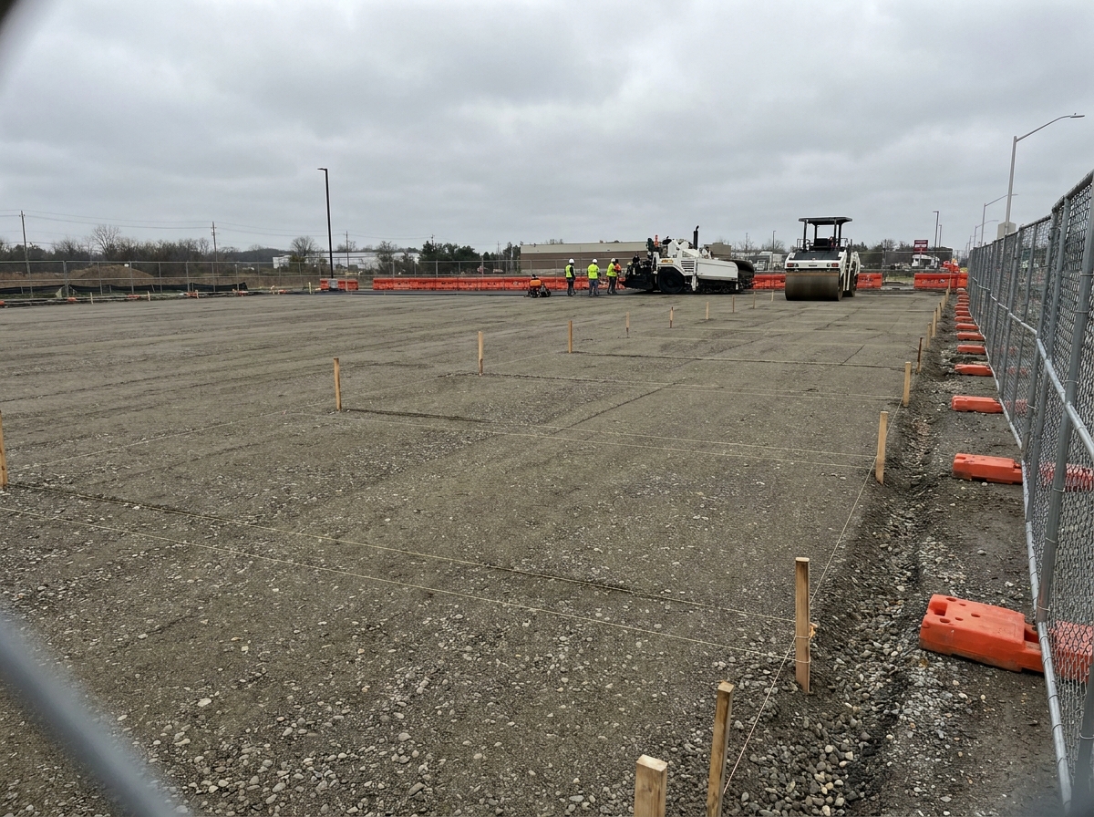 Commercial parking lot under construction with graded aggregate base