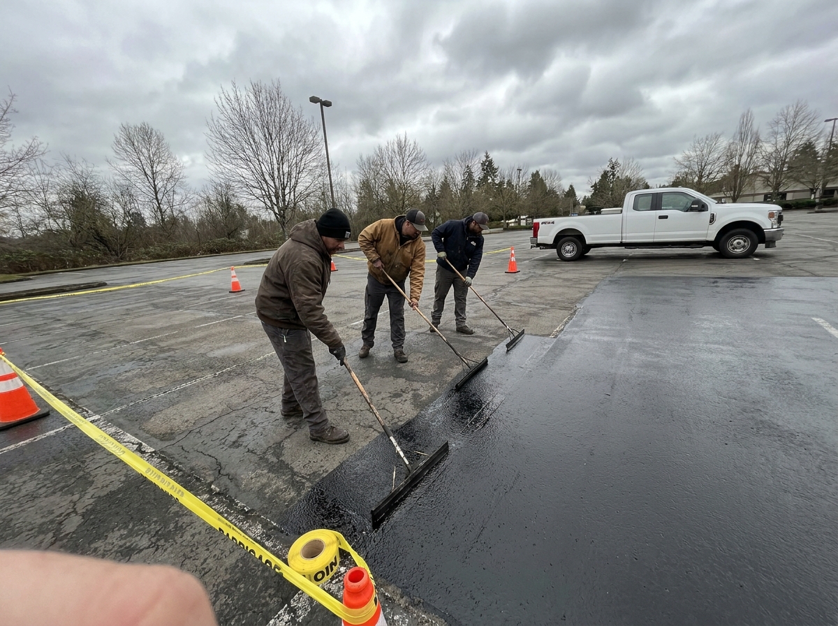 Sealcoating crew applying sealer across a commercial parking lot