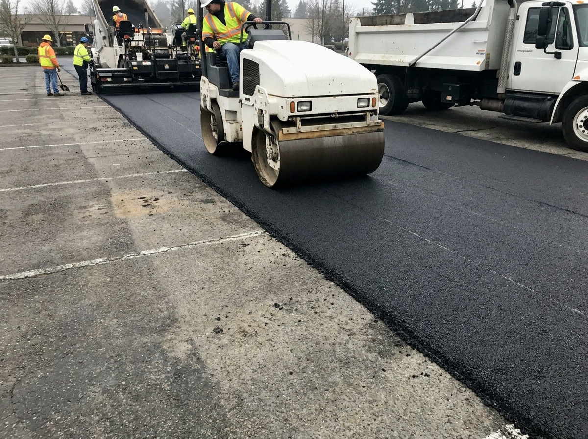 Fresh asphalt overlay meeting the older surface across a commercial lot