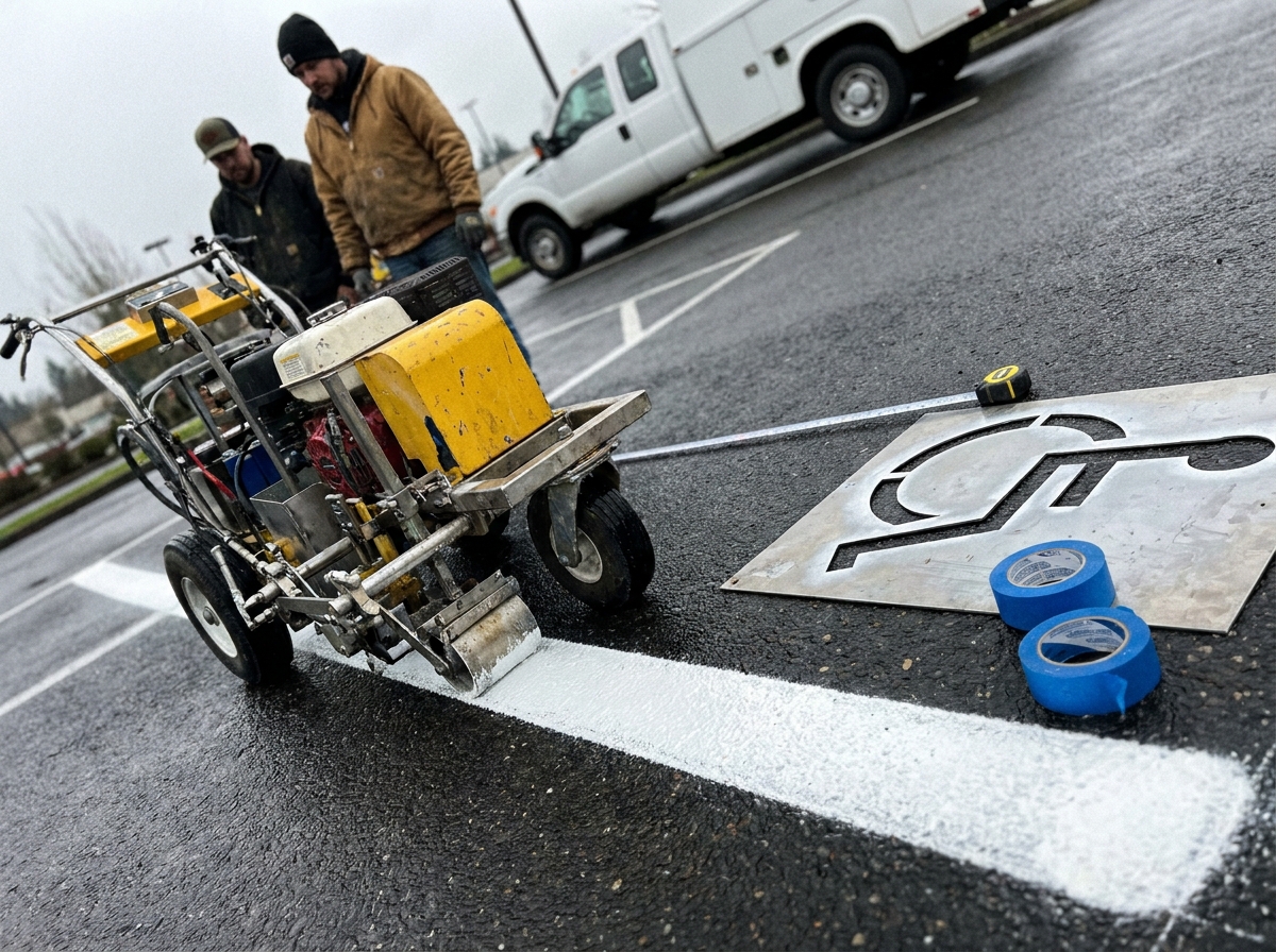Line striping machine laying parking stall lines on fresh asphalt