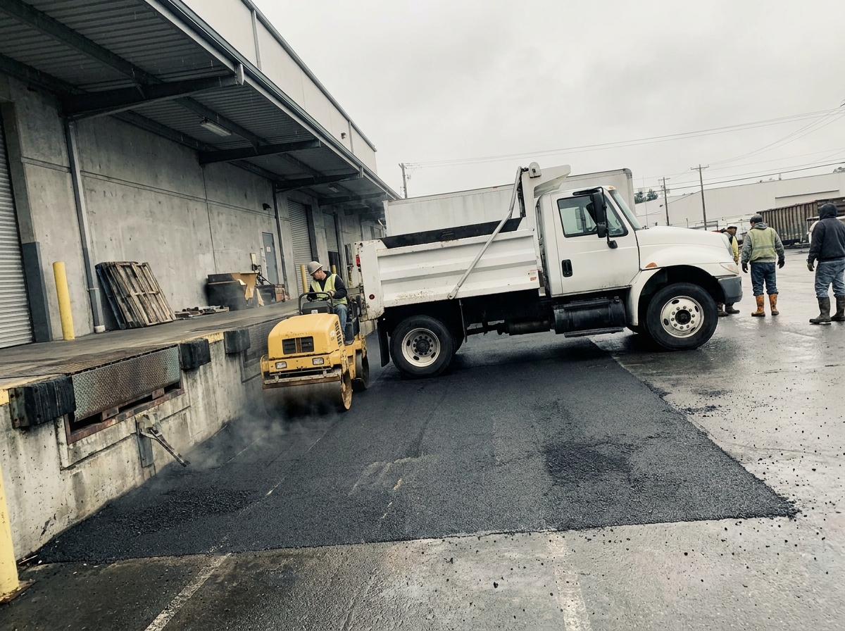 Heavy-duty asphalt truck court outside a warehouse loading dock