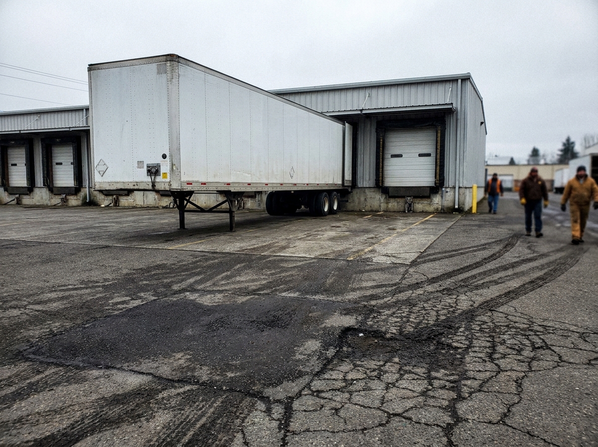 Tractor trailer parked on a heavy-duty asphalt truck apron