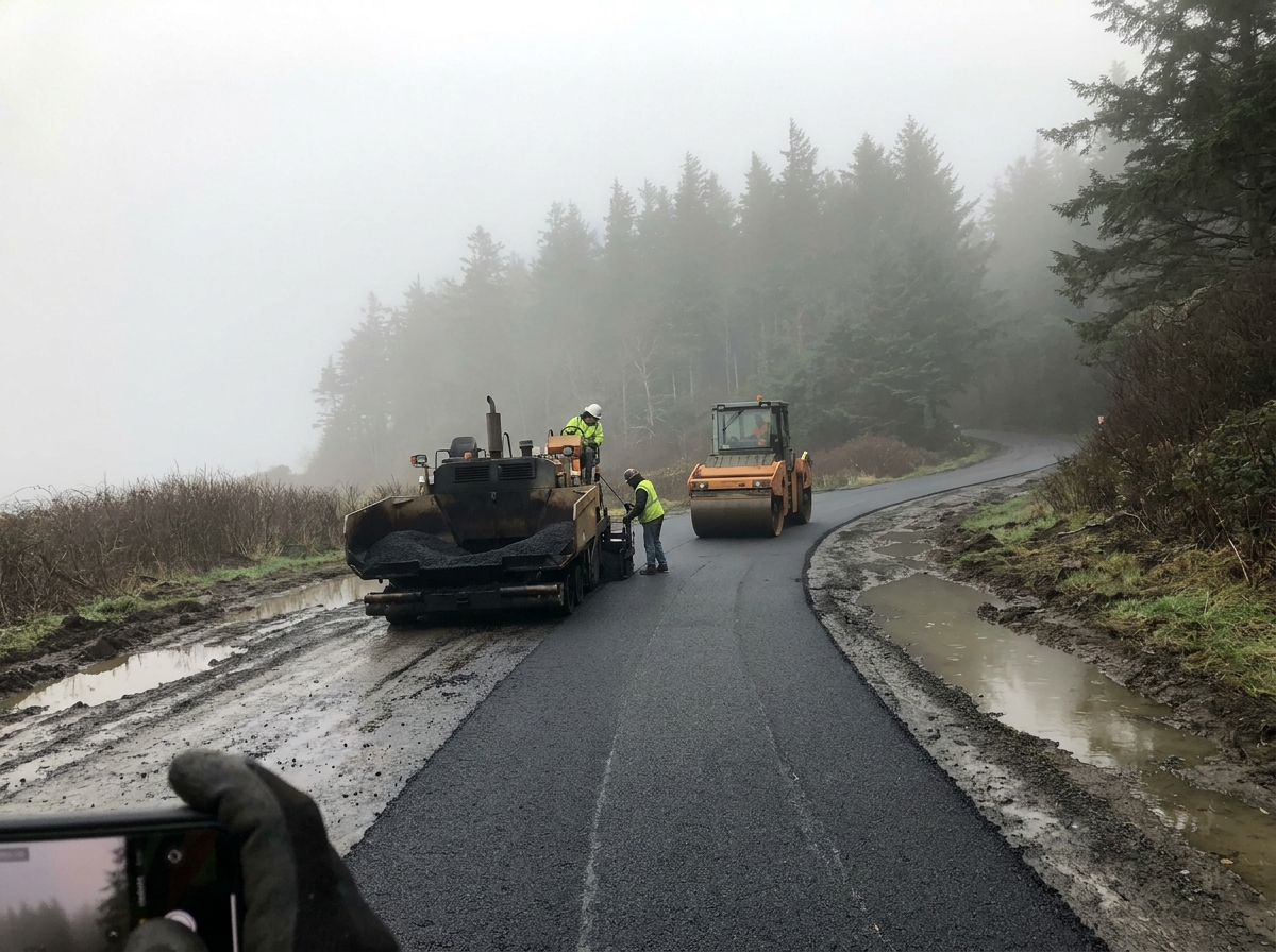 Fresh asphalt being laid and compacted on a coastal property