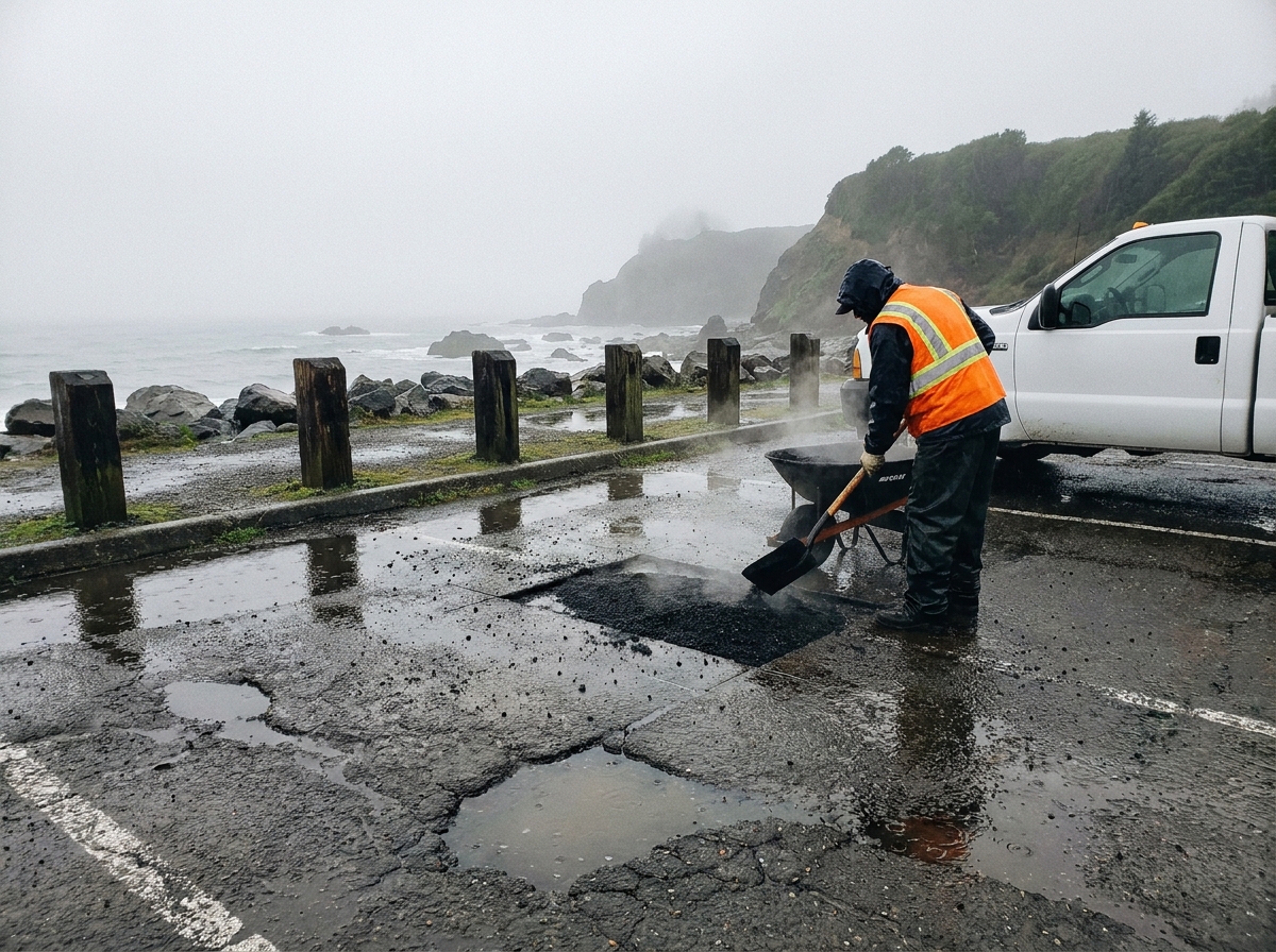 Asphalt repair work on a coastal property