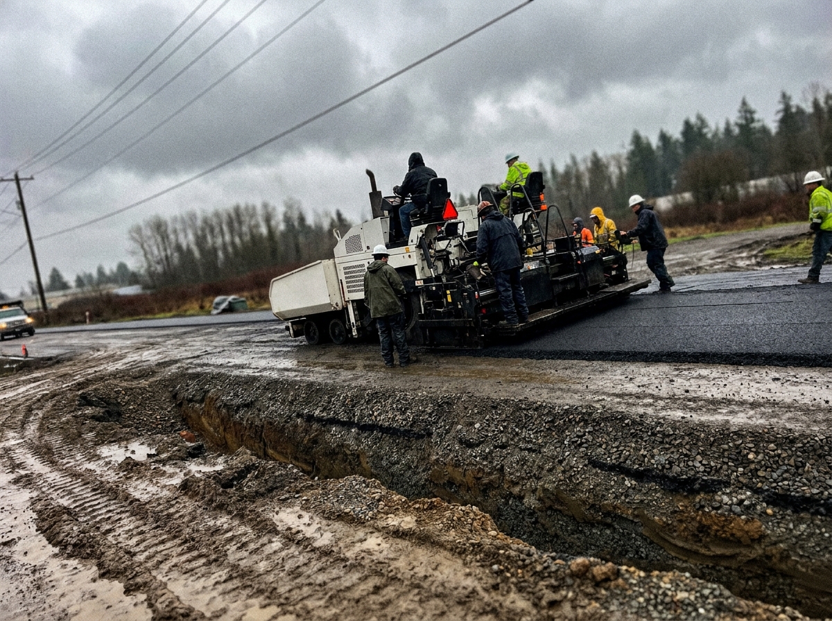 Fresh asphalt being laid and compacted on a industrial property