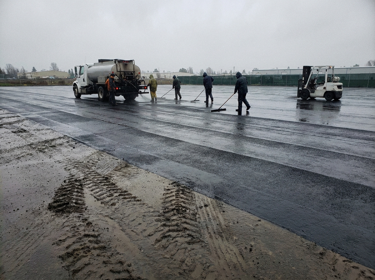 Sealcoating being applied across a industrial asphalt surface