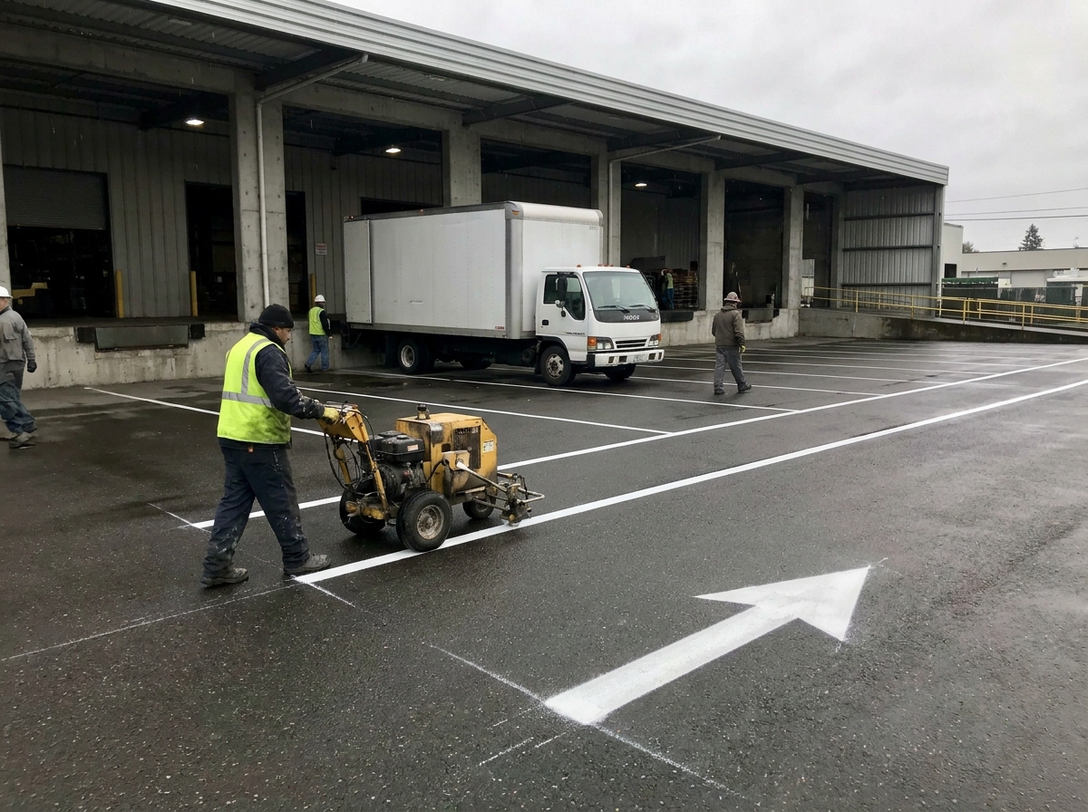 Parking stall lines being painted on a industrial lot