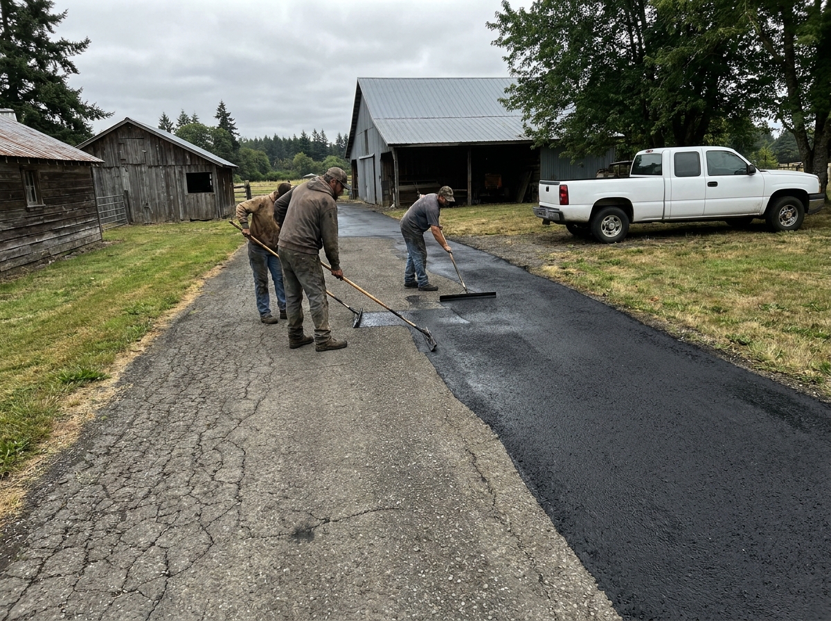 Sealcoating being applied across a rural asphalt surface