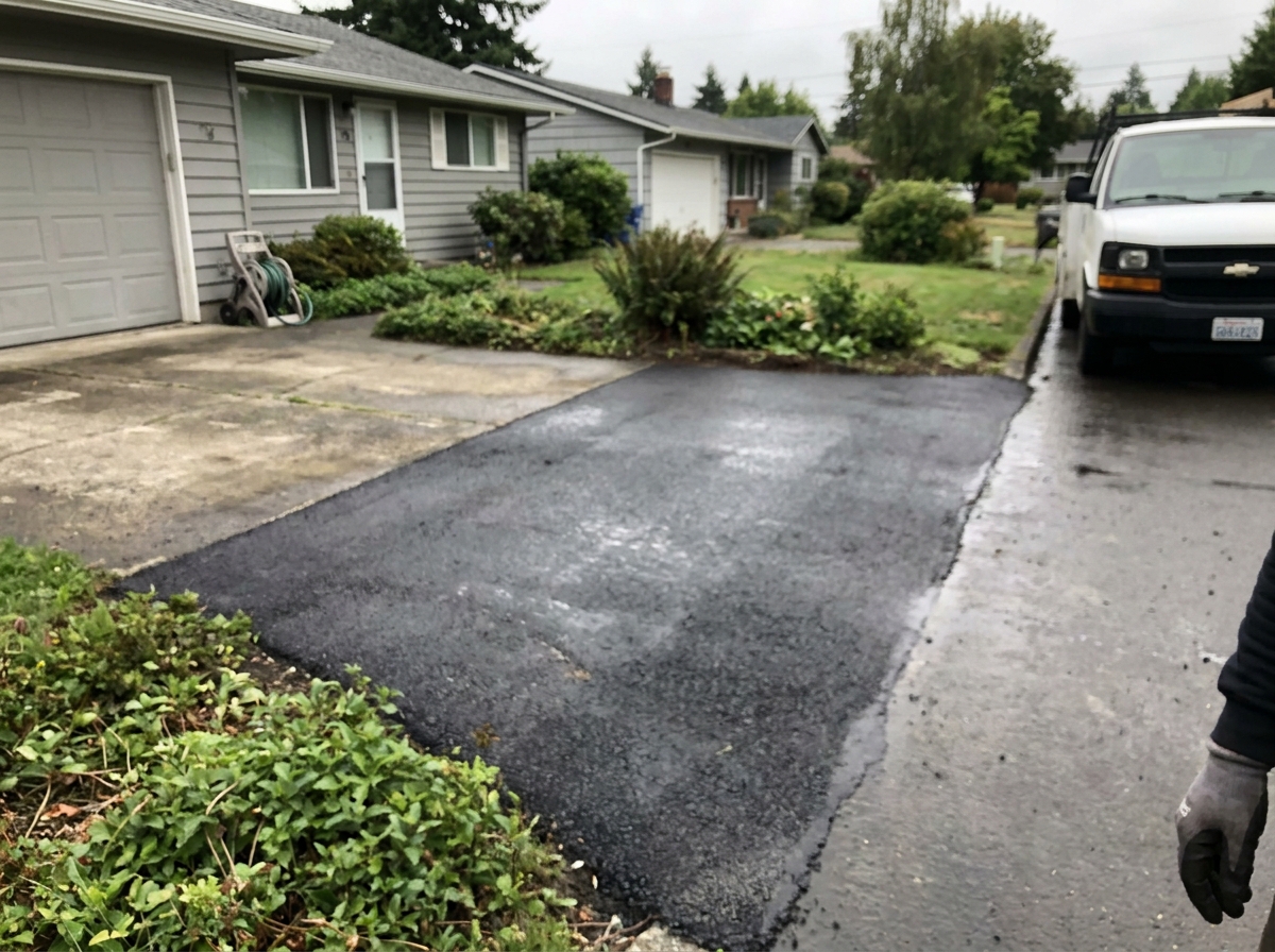 Fresh asphalt being laid and compacted on a suburban property