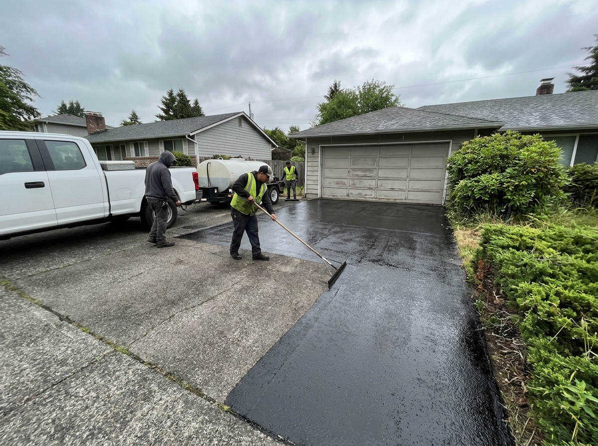 Sealcoating being applied across a suburban asphalt surface