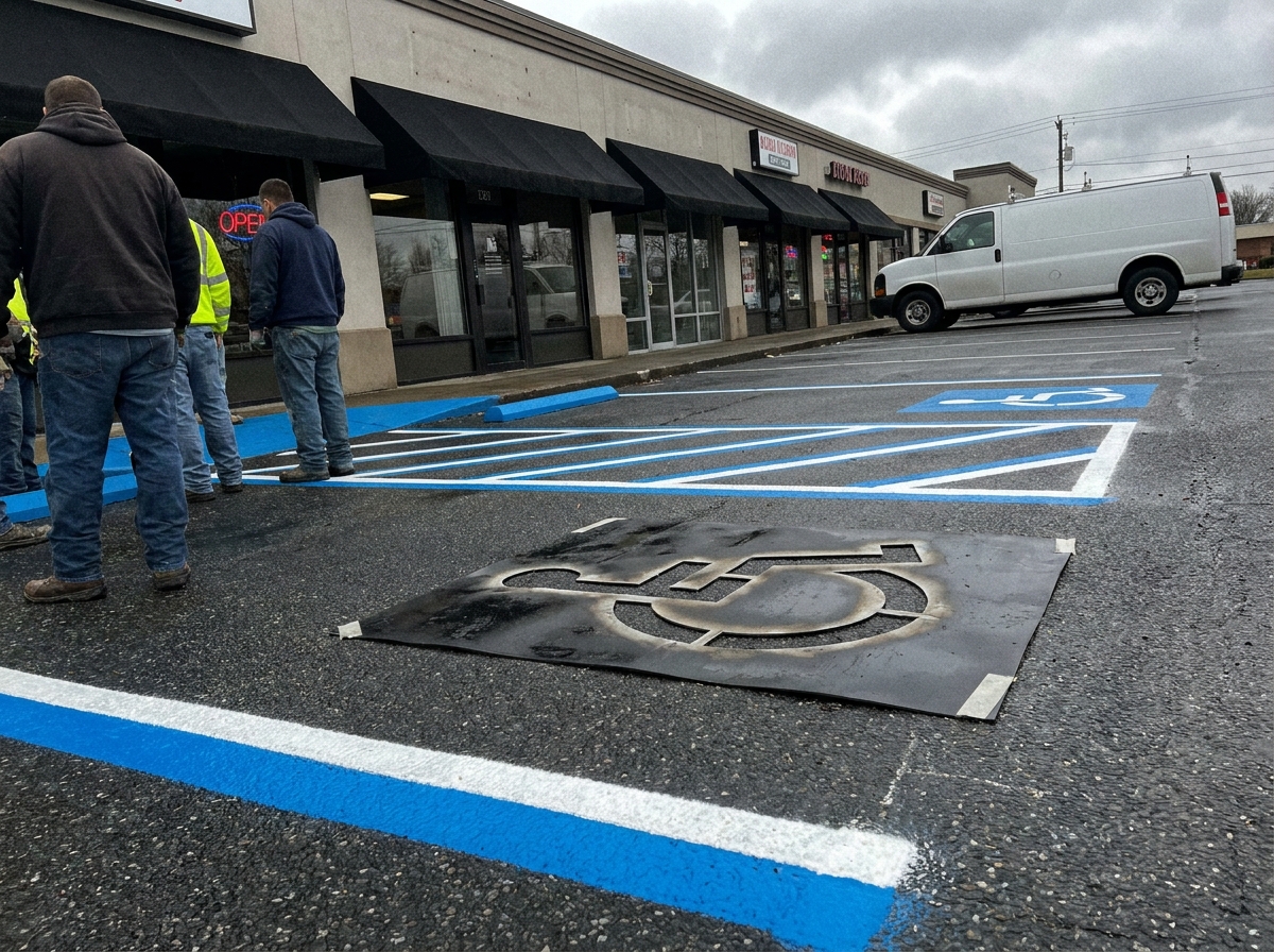 Parking stall lines being painted on a suburban lot