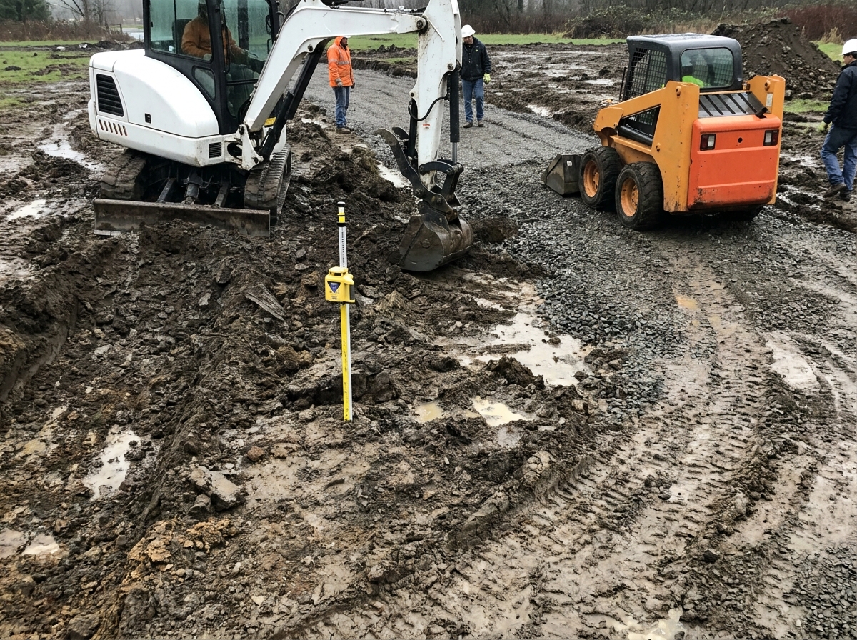 Excavator preparing driveway subgrade and spreading crushed rock
