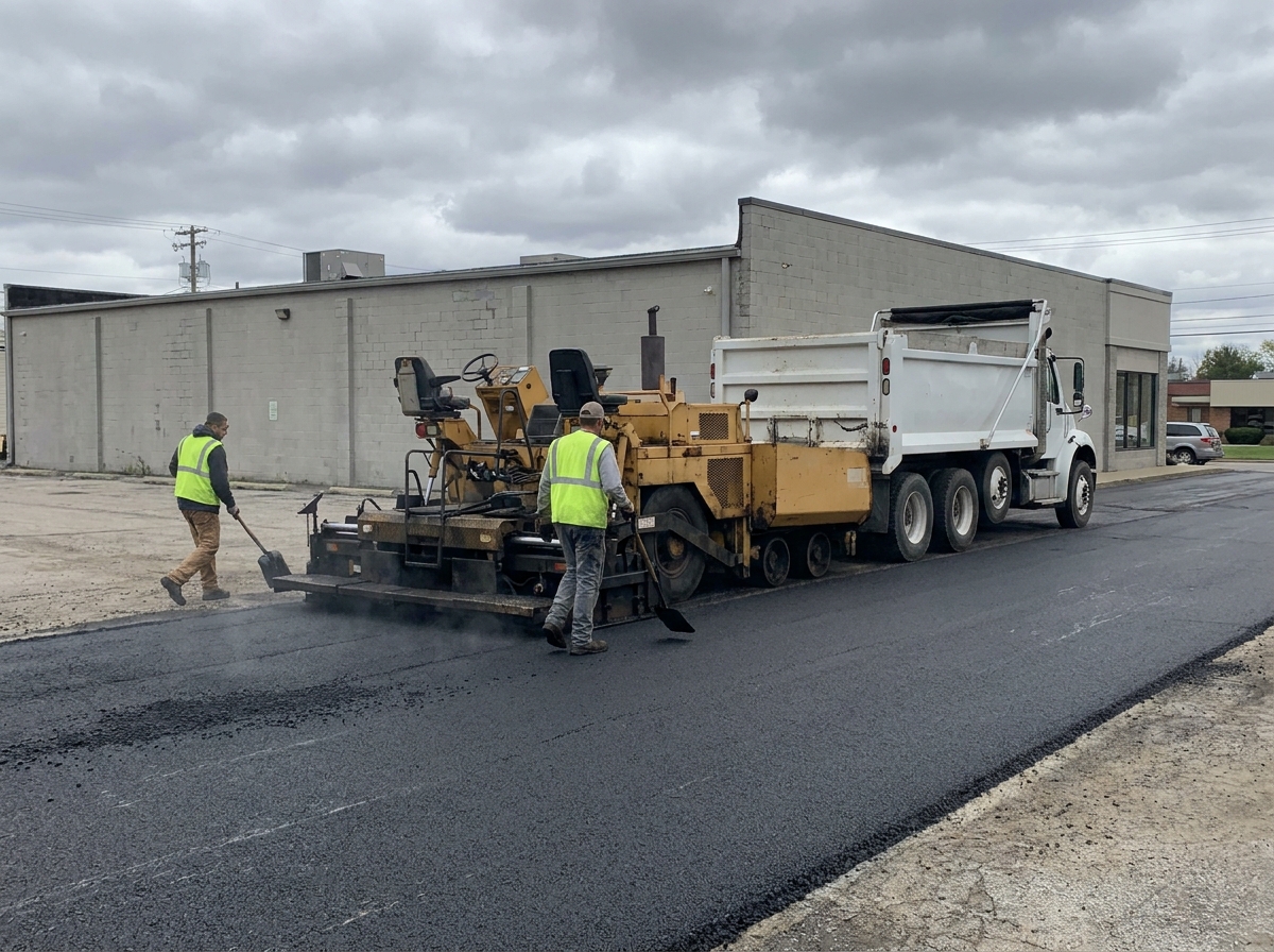 Paver laying hot asphalt across a commercial parking lot