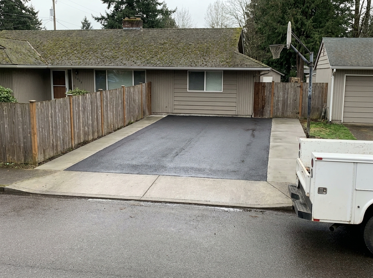 Newly installed asphalt driveway at an Oregon home