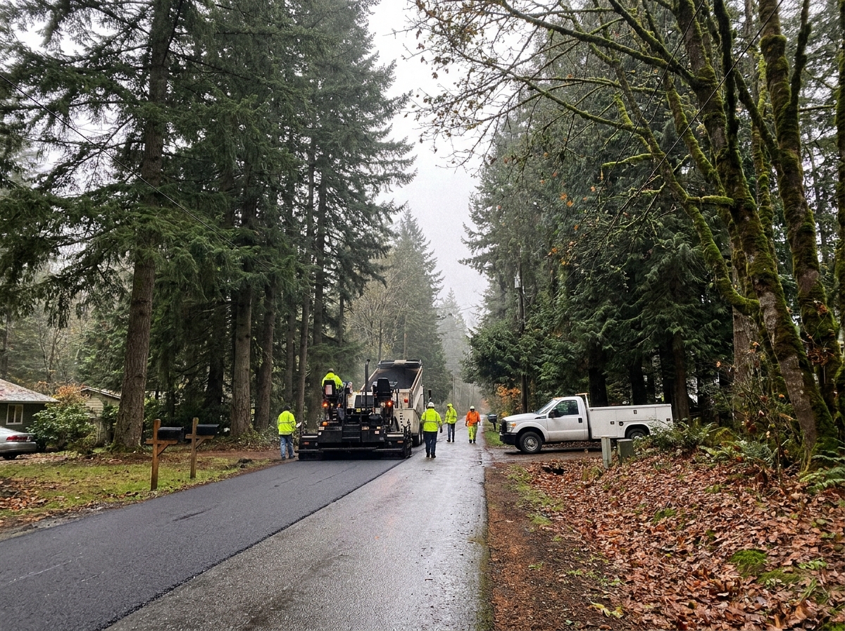 Private residential road being resurfaced through a wooded neighborhood