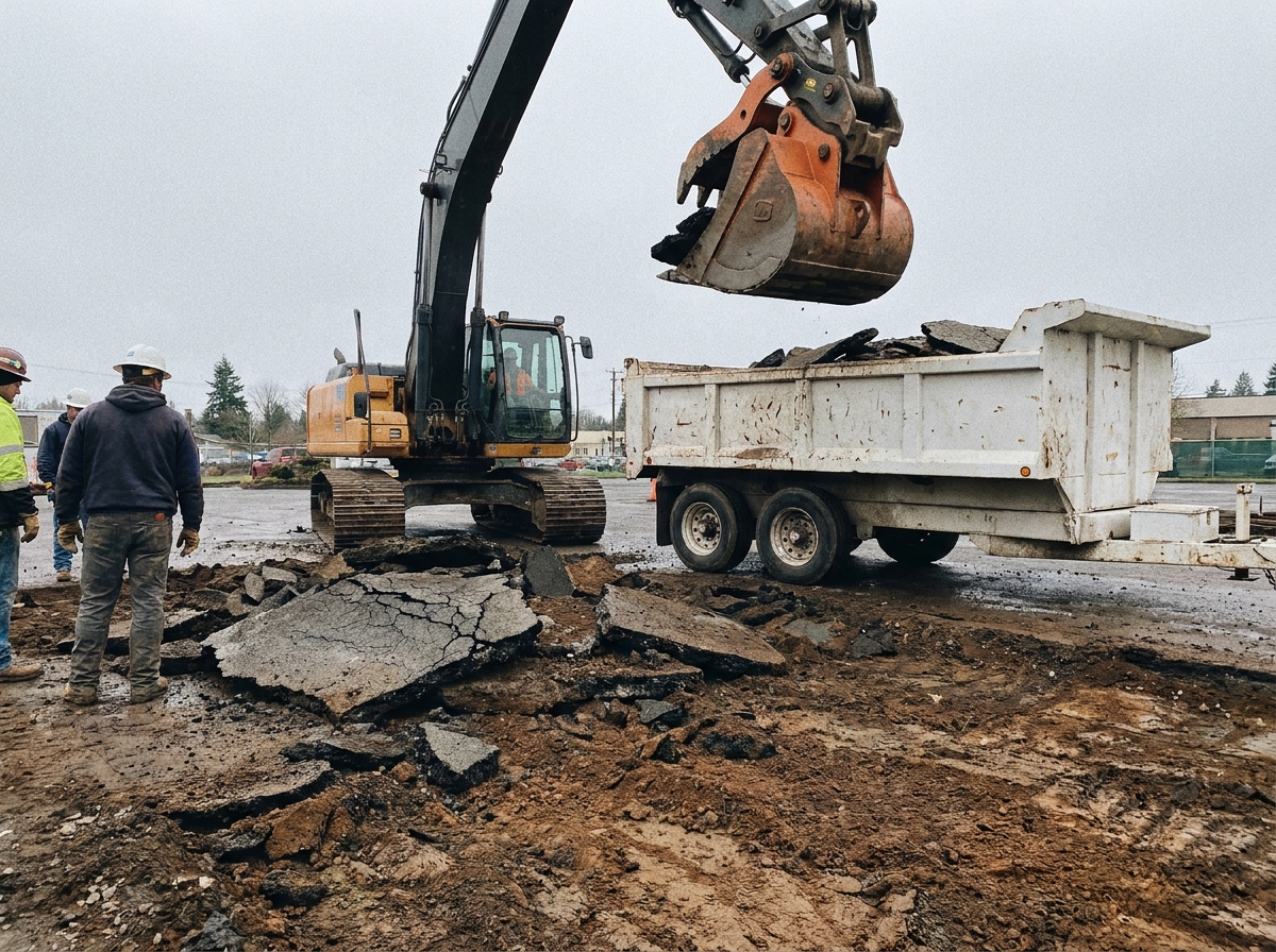 Failed asphalt driveway being removed for full-depth reconstruction