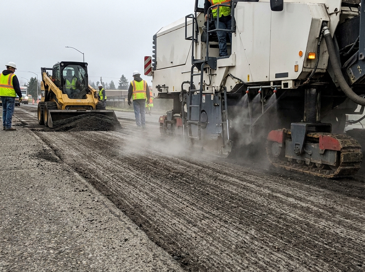 Milling machine grinding the top layer off an old asphalt surface