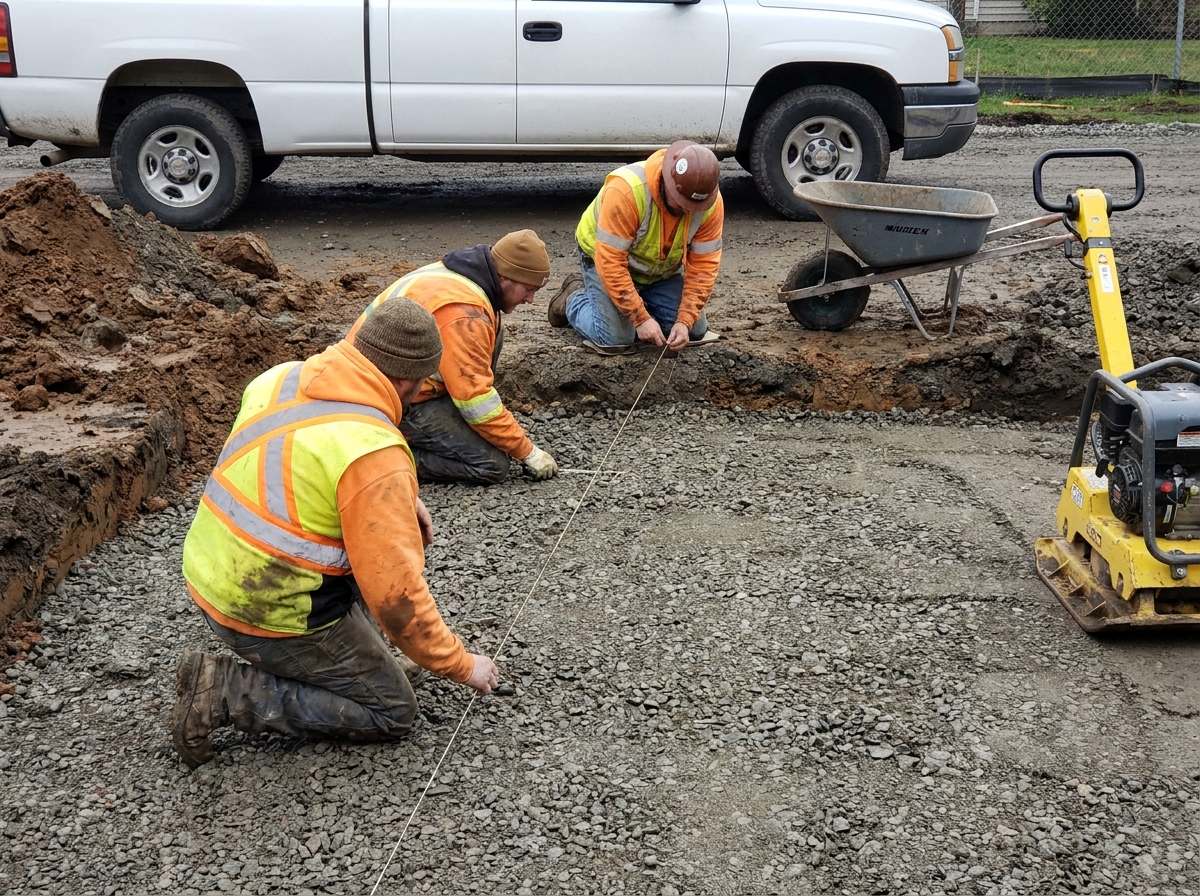 Workers checking grade on a compacted aggregate base before paving