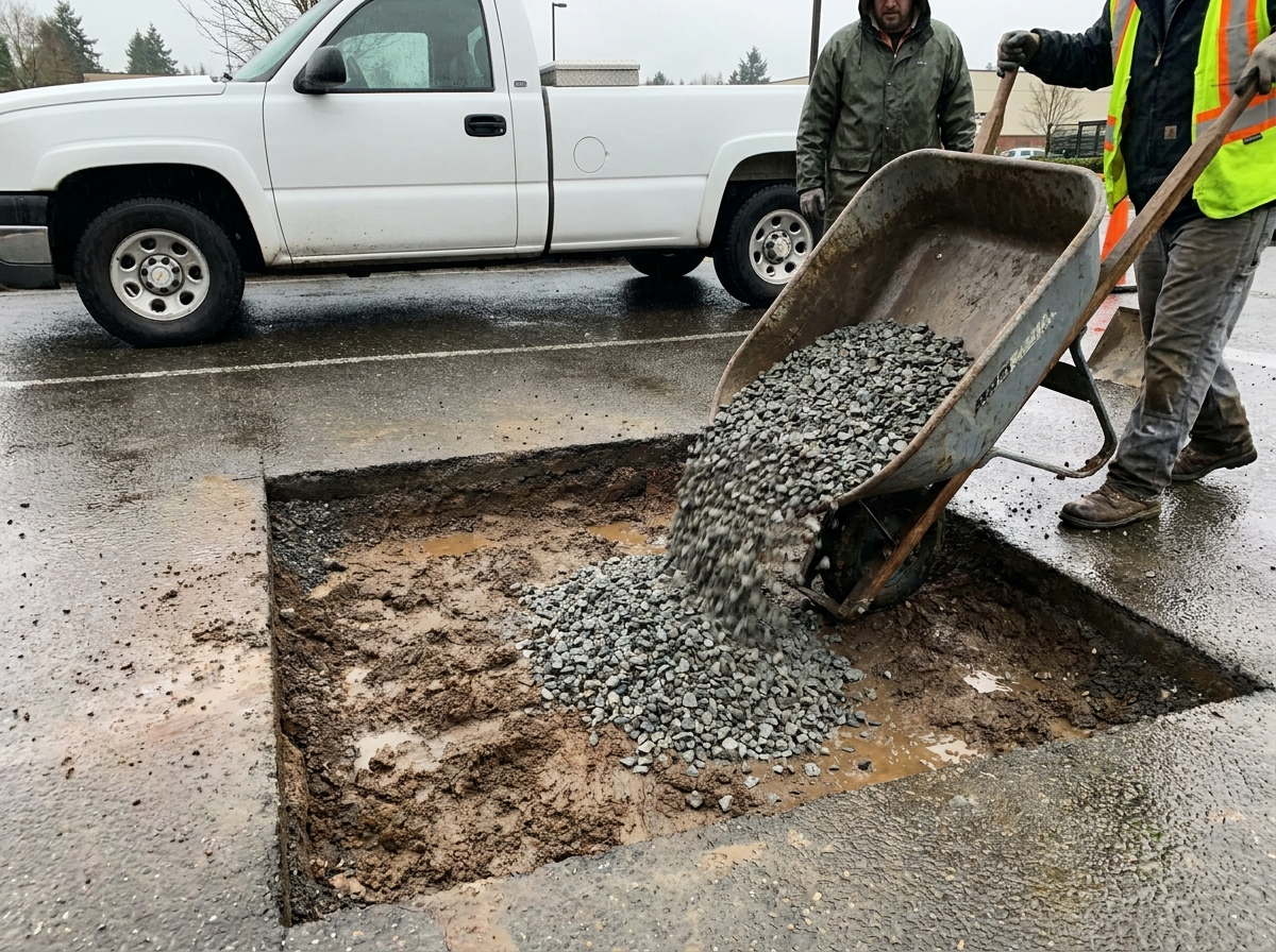 Excavated asphalt section showing failed base being rebuilt with crushed rock
