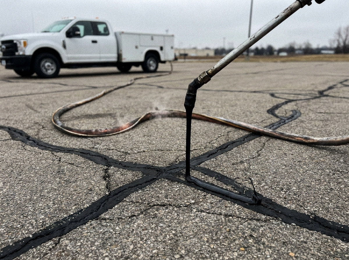 Hot rubberized sealant being applied into routed asphalt cracks