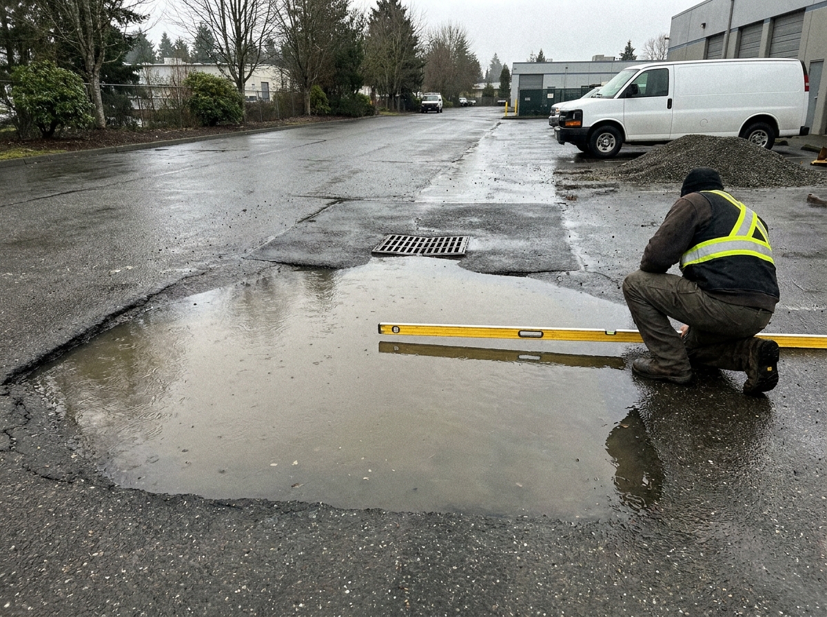 Standing water in a sunken low spot being checked with a level