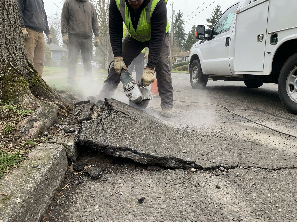 Raised asphalt from tree root heave being ground down level