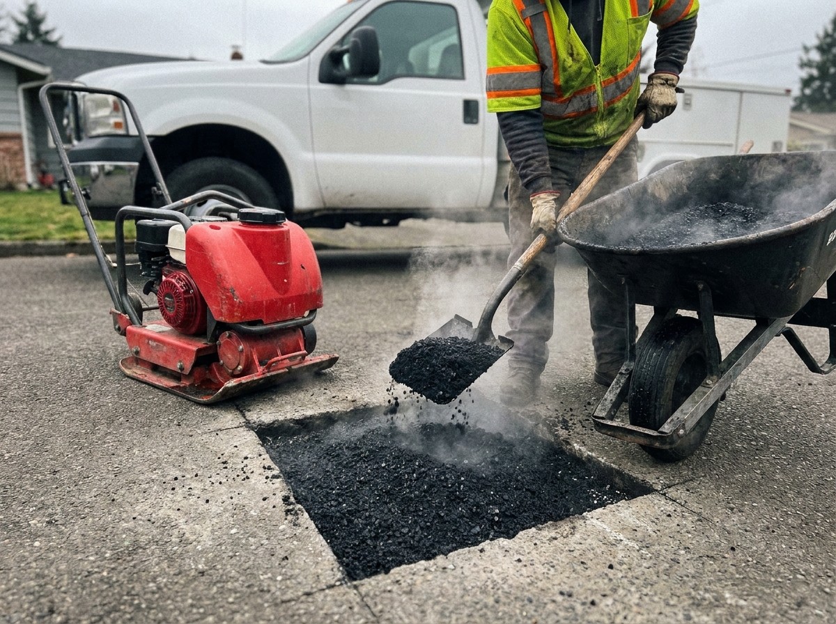 Worker filling a cleaned-out pothole with hot asphalt mix