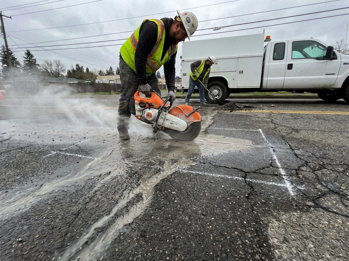 Concrete saw cutting a clean edge around damaged asphalt