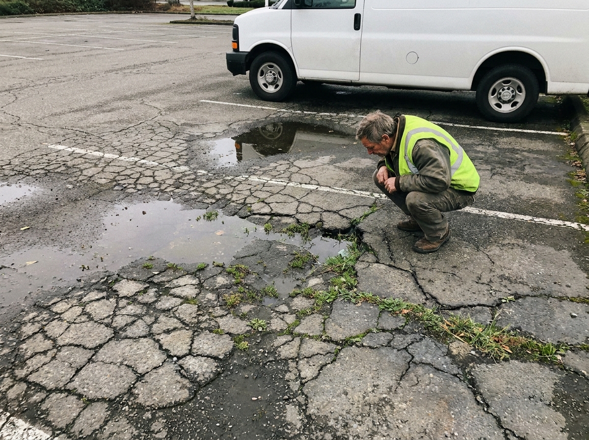 Alligator cracking and standing water on an aging asphalt lot